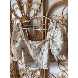 HM Floral Smocked Crop Top Womens Medium Cream Purple Puff Sleeve Cottagecore